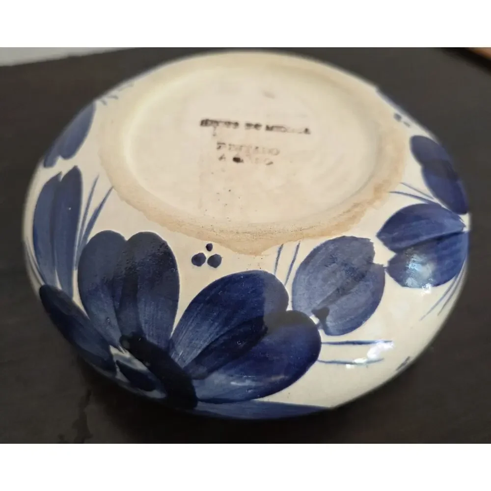 Vintage Mexican Pottery Covered Ashtray Blue White Floral Hecho En Mexico 8